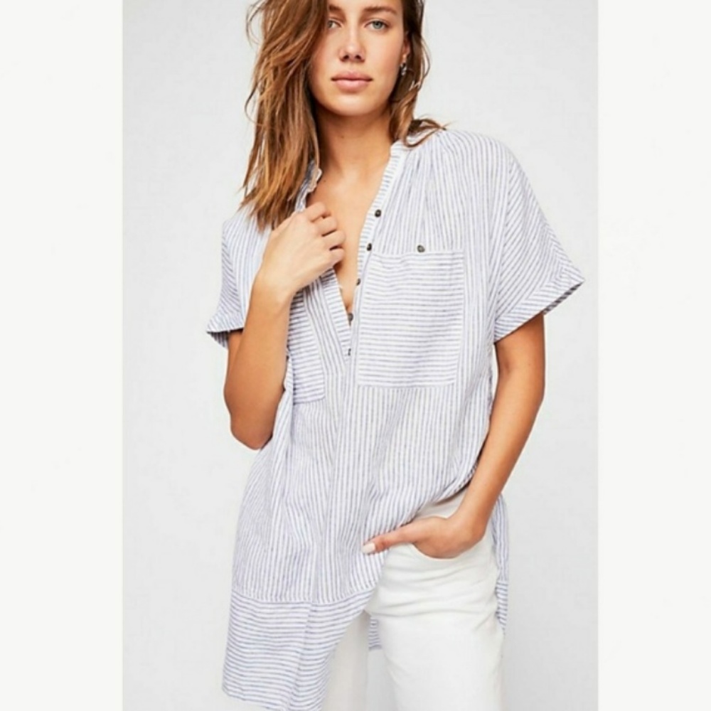 Free People "For Keeps" Striped Linen Blend Shirt